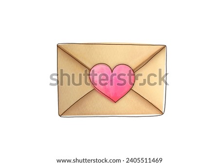 romantic Love letter for Valentines day. postal vintage envelope with heart sticker. clipart watercolor illustration on white background for greeting cards, wedding invitations, Be my Valentine