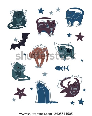Funny cats in gothic images. The vampires. Vector illustrations for Halloween. Flat, linear. Isolated objects on light background. 