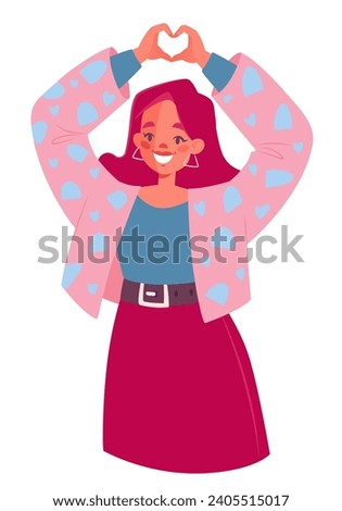 Sympathy, love, approval sign, friendly and welcoming gesture. Girl expresses love with her hands, making a heart-shaped gesture with her fingers. Smiling young woman with gesture of appreciation, lov