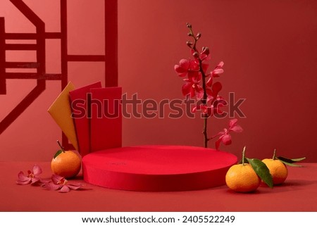 A red podium with empty space arranged with tangerines and a branch of flowers. Few envelopes decorated. Realistic podium museum, blank pedestal