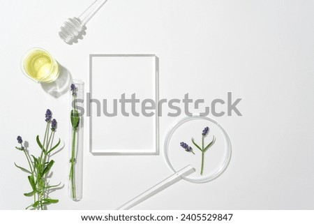 A white backdrop showcases a petri dish, glass platform, rod, test tube, beaker with light yellow liquid, and lavender flowers-perfect for a cosmetic exhibit.
