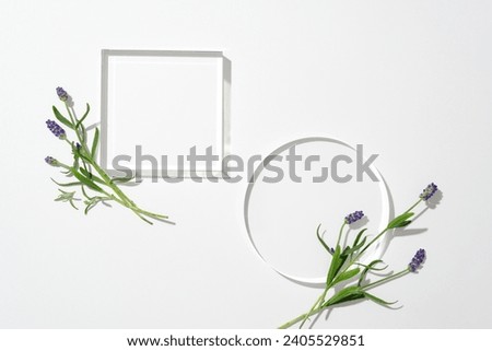 Two glass podiums decorated with fresh lavender flowers on a white background. Lavender essential oil has a sweet, sharp floral scent with strong properties. Royalty-Free Stock Photo #2405529851