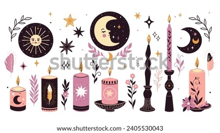 Magic set of candles and candles in candlesticks isolate on a white background. Vector graphics. Royalty-Free Stock Photo #2405530043