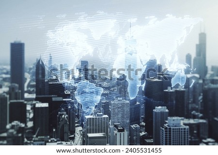 Double exposure of abstract digital world map hologram on Chicago office buildings background, big data and blockchain concept