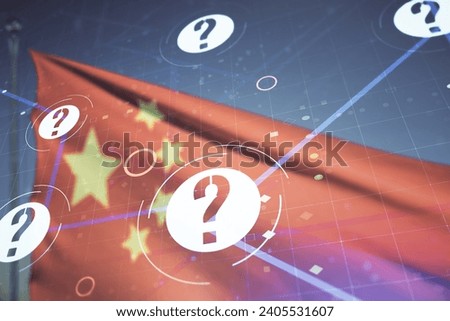 Abstract virtual question mark hologram on Chinese flag and sunset sky background, future technology concept. Multi exposure