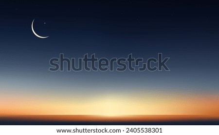 Sky Night,Ramadan Kareem Background with Crescent moon,Star with twilight dusk Sky over Sea Beach,Vector symbolic of Muslim culture ,Eid Mubarak,Eid al adha,Eid al fitr,Islamic new year, Muharram