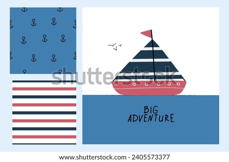 Set of Colorful marine design with yacht and nautical patterns. Unique cup or bag design, house poster, greeting card illustration, clothes, fabric, paper, interior decoration, background, banner