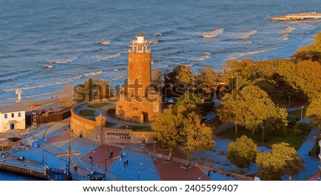Aerial view of harbour and lighthouse in Kolobrzeg, Poland. Natural light, drone photography.	