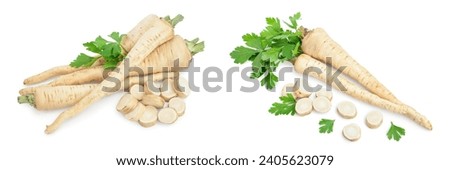 Parsley root with slices and leaves isolated on white background Royalty-Free Stock Photo #2405623079
