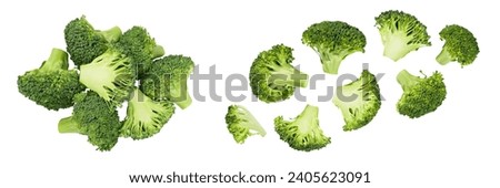 fresh broccoli isolated on white background close-up with full depth of field. Top view. Flat lay Royalty-Free Stock Photo #2405623091