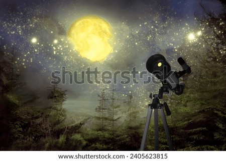 Astronomy. Viewing beautiful starry sky with full moon through telescope at night