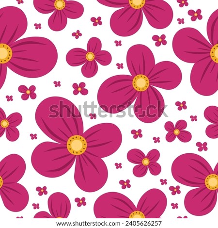 Seamless pink flower pattern on white isolated background. Flat style. For wallpaper, textiles, packaging paper.