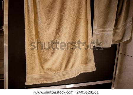 Bath towel. Interior photography of bathroom with bath towel for washing