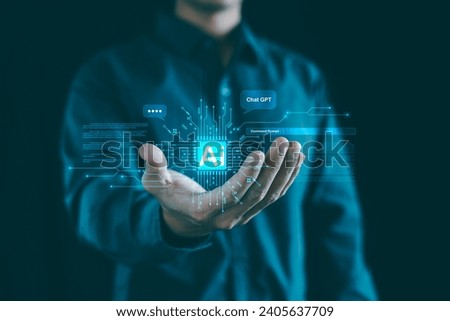 Ai tech. Chatgpt Chat with AI, Artificial intelligence digital technology, businessman show virtual graphic Global Internet, Using command prompt for generates, Futuristic technology transformation.