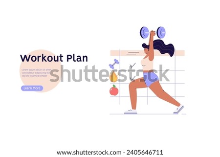Fitness plan illustration. Woman planning exercises with calendar and dumbbells. Exercise plan, personal training, balance diet. People control weight. Vector flat cartoon design for web banners, UI Royalty-Free Stock Photo #2405646711