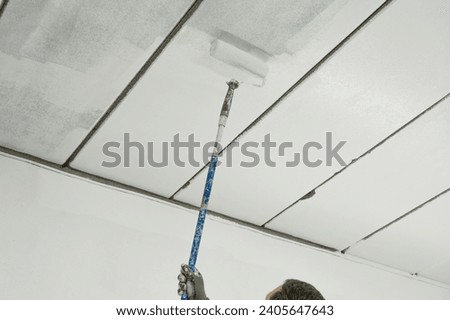 Professional craftsman meticulously paints, using a telescopic roller to reach high ceilings and walls. Royalty-Free Stock Photo #2405647643
