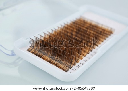 Box of false eyelashes in assorted natural brown colors. Makeup.