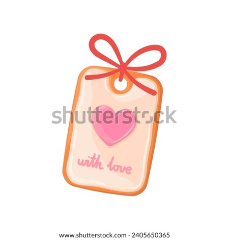 Gingerbread cookie with heart and love message for Valentine's day. Vector illustration with greeting on white background. Detailed cartoon element