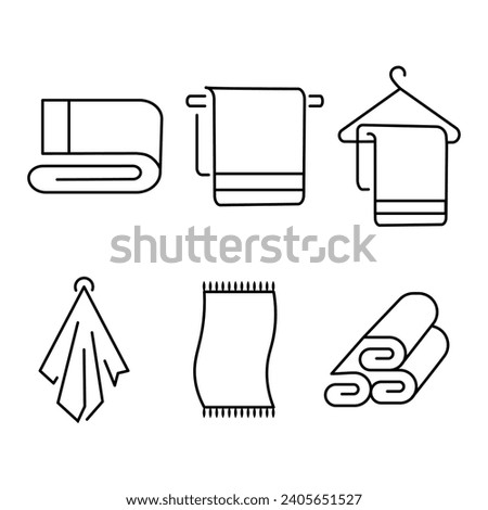 Hotel bath towel icons. Stacked textile fabric, fluffy roll for spa and kitchen, vector illustration of folded and hanging items for bathroom isolated on white background
 Royalty-Free Stock Photo #2405651527