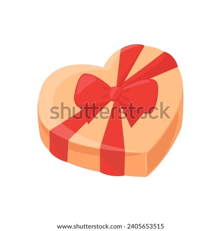 Bright heart shaped box of candies with bow. Love gift for Valentine's day. Detailed cartoon element on white background for holiday pattern, design