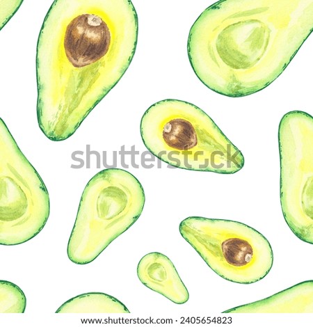 Watercolor avocado seamless pattern hand pointed in botanical style. Isolated illustration for design menu, wallpaper, scrapbook paper, packaging paper, textiles, invitation 