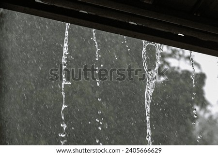 rain falls from the roof. The intensity of rain is high in Indonesia in December, Southeast Asia, Asia.