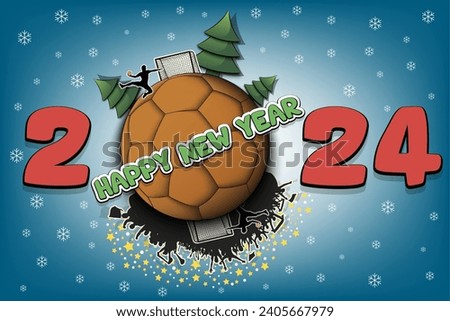 Happy new year. 2024 with handball ball, Christmas trees, handball player and fans. Original template design for greeting card, banner, poster. Vector illustration on isolated background
