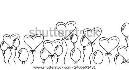 Vector. Festive horizontal banner with copy space for text. Hand drawn balloons. Cute outline drawing. Backdrop for birthday parties, greeting cards, Valentine's Day and other promotional items.