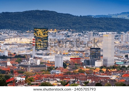 Zurich, Switzerland with modern high rises at twilight. Royalty-Free Stock Photo #2405705793