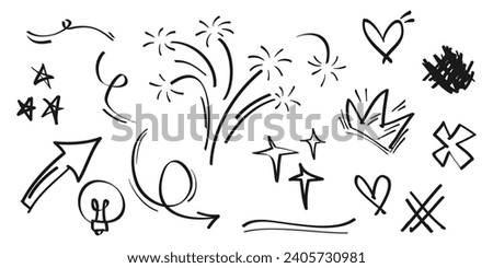 Hand drawn set of doodle emphasis design elements. Crown, love, arrow. curly swishes, swoops, swirl, arrow, heart, star, sparkle, firework. used for infographic concept design