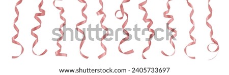 Rose gold pink ribbon satin bow confetti hanging scroll set isolated on white background with clipping path for Christmas and wedding card design decoration element