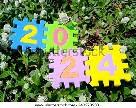 22. Writing the year '2024'; displayed with puzzle letters, placed on bushes (22)