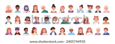 Happy children, head portrait set. Cute smiling kids avatars. Preschool and school child characters, excited joyful boys, girls of different race. Flat vector illustration isolated on white background