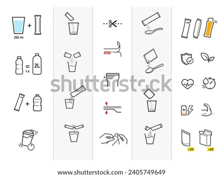 Icons of stick package bag set with samples, preparation instructions. Vector elements for infographics. Set of sign for detailed guideline. Ready for your design. EPS10. Royalty-Free Stock Photo #2405749649