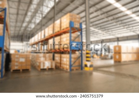 Abstract blurred Warehouse background storage inventory shelf with freight container aisle space.
