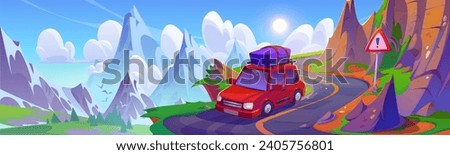 Car with baggage on roof drive curve asphalt road above cliff in rocky mountains. Cartoon summer sunny landscape with red vehicle traveling down serpentine highway in hills with sign on roadside. Royalty-Free Stock Photo #2405756801