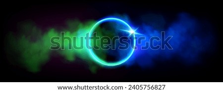 Neon luminous ring frame with blue and green gradient cloud or smoke and sparkle. Realistic vector led light circle with glowing fog on dark background. Magic futuristic surreal game portal with haze