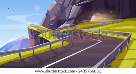 Empty curve serpentine road over cliff in mountains goes out of tunnel flooded with sunlight. Cartoon summer vector landscape of asphalt highway in rocky hills. Countryside scenery with freeway. Royalty-Free Stock Photo #2405756831