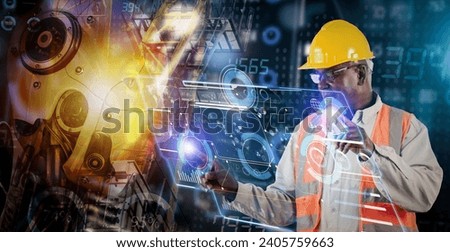 Double exposure of engineer worker industry point to hologram info graphic and innovation hi-technology international industry concept.