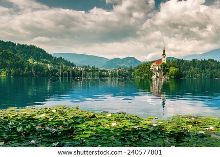 Bled with lake, island, castle and mountains in background, Slovenia, Europe