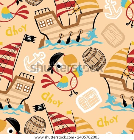 Vector seamless pattern of sailboat with cute parrot