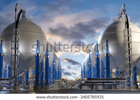 Spherical storage for fuel. Energetics plant under. Innovations power industry  Royalty-Free Stock Photo #2405785931