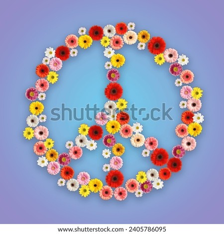Hippie peace symbol of beautiful flowers on color background