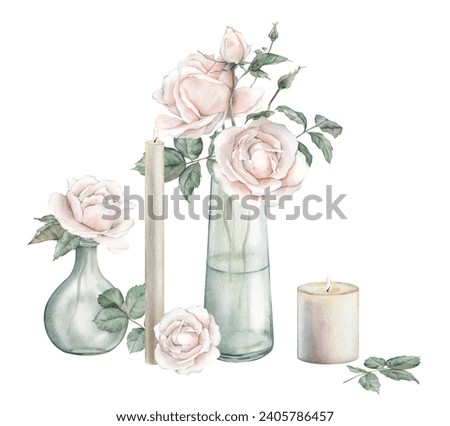 Watercolor composition from peach fuzz color roses and green leaves in glass jar and candle. Hand drawn illustration isolated background. Element painted natural plant twigs with light rose for design