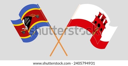 Crossed and waving flags of Eswatini and Gibraltar. Vector illustration
