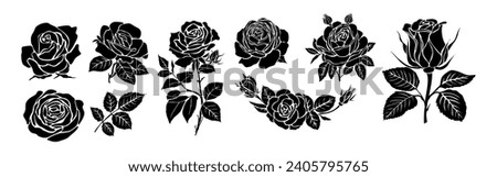 Black silhouettes of fresh blossoming rose vector.