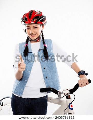 girl with bicycle isolated on white background