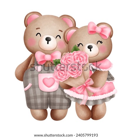 Watercolor cute teddy bear couple with pink rose bouquet clipart.Pink teddy bear in love.Romantic valentines day illustration for greeting cards and celebrations.