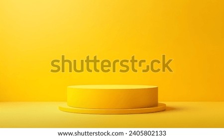 Yellow podium shelf or empty pedestal display on vivid yellow summer background with minimal style. Blank stand for showing product. 3D rendering. Royalty-Free Stock Photo #2405802133