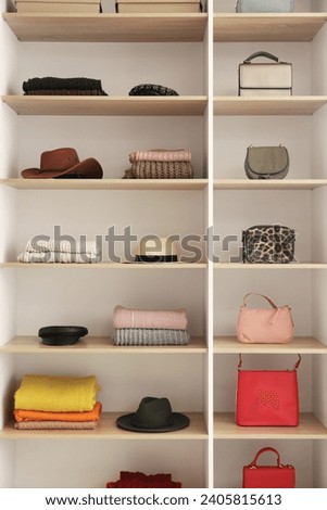 Shelves with stylish clothes and accessories in boutique Royalty-Free Stock Photo #2405815613